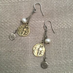 Silpada Brass Coin and Pearl Earrings